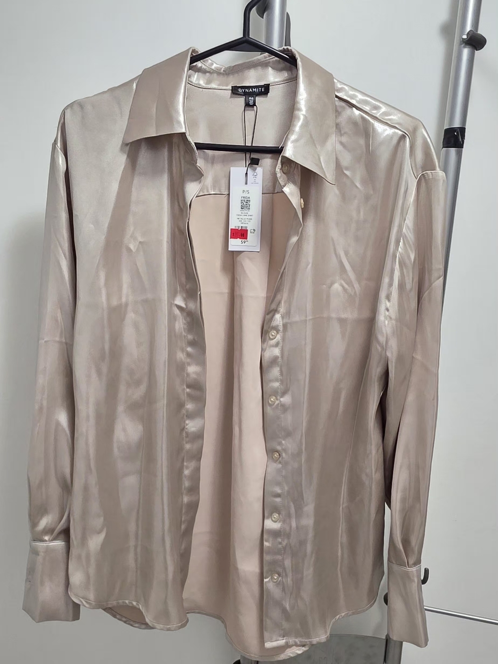 Dynamite Shiny Satin Button-Up in Champagne Blush
